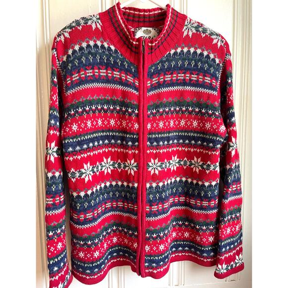 Vtg Tiara International Fair Isle Zip-Up Holiday Cardigan Red Nordic Size M - Picture 2 of 6